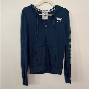 Y2K Victoria's Secret PINK Blue Zip-Up Hoodie with green lettering and heart